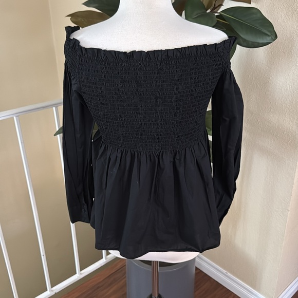 Halogen Long Sleeve Off-Shoulder Smocked Peplum Black Top Size Medium Petite - Picture 5 of 11